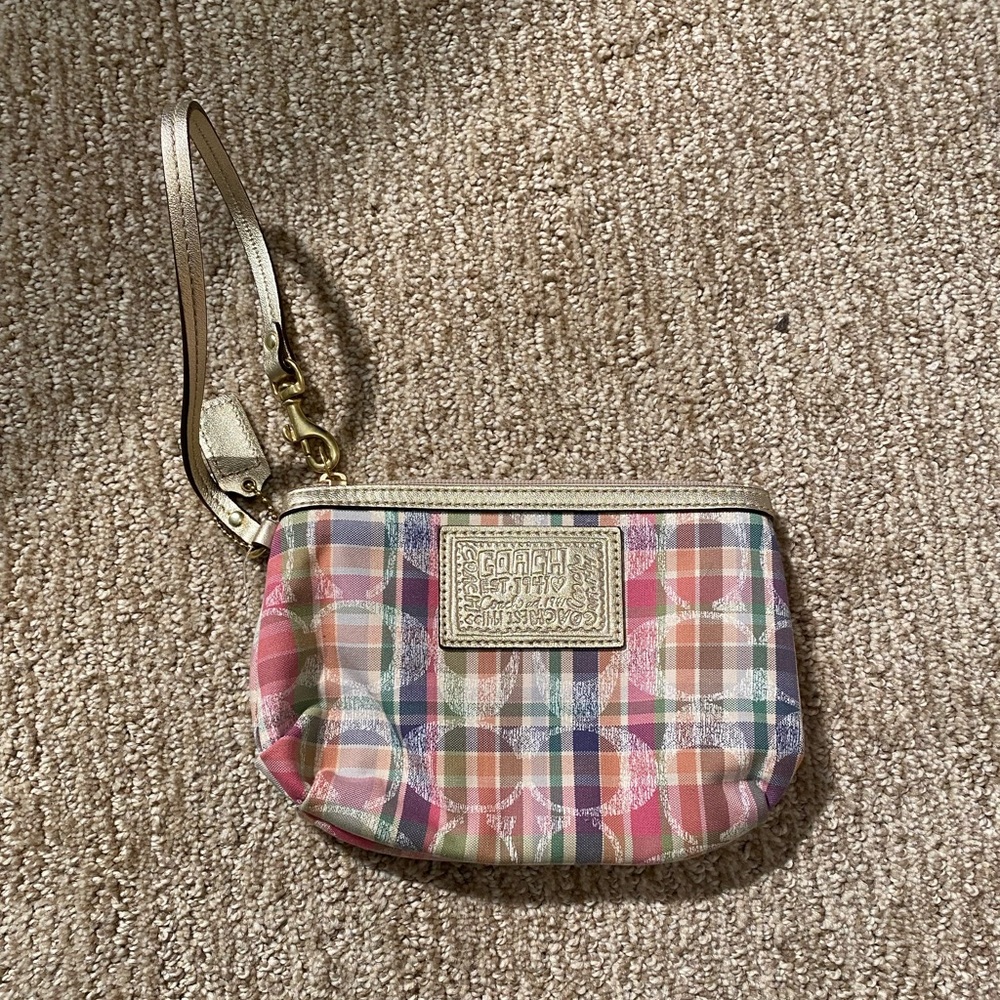 Small Coach Bag, Multicolored Plaid Print with Silver Accents